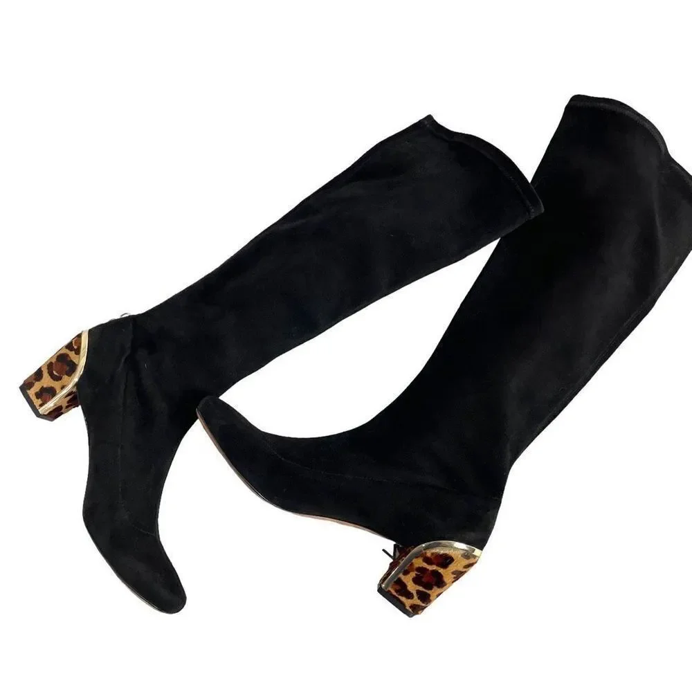 Diane von Furstenberg Henrietta knee suede Boots Size 8.5 Black/Camel Leopard‎
